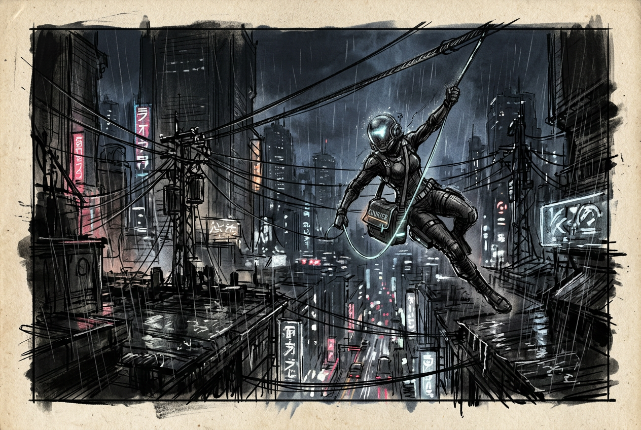Concept art sketch of courier swinging across cable lines over rainy roofs
