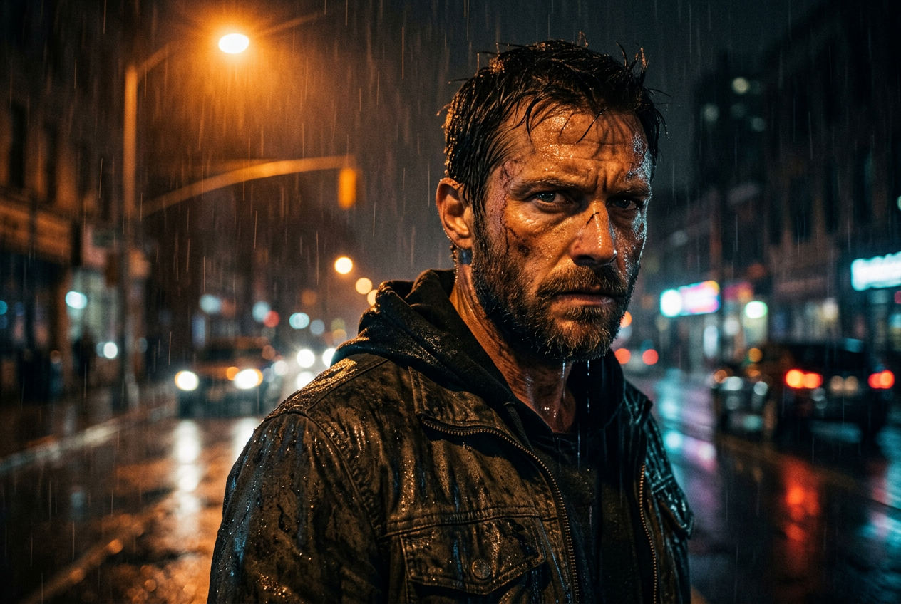 Intense cinematic portrait of a rain-soaked character lit by orange streetlight