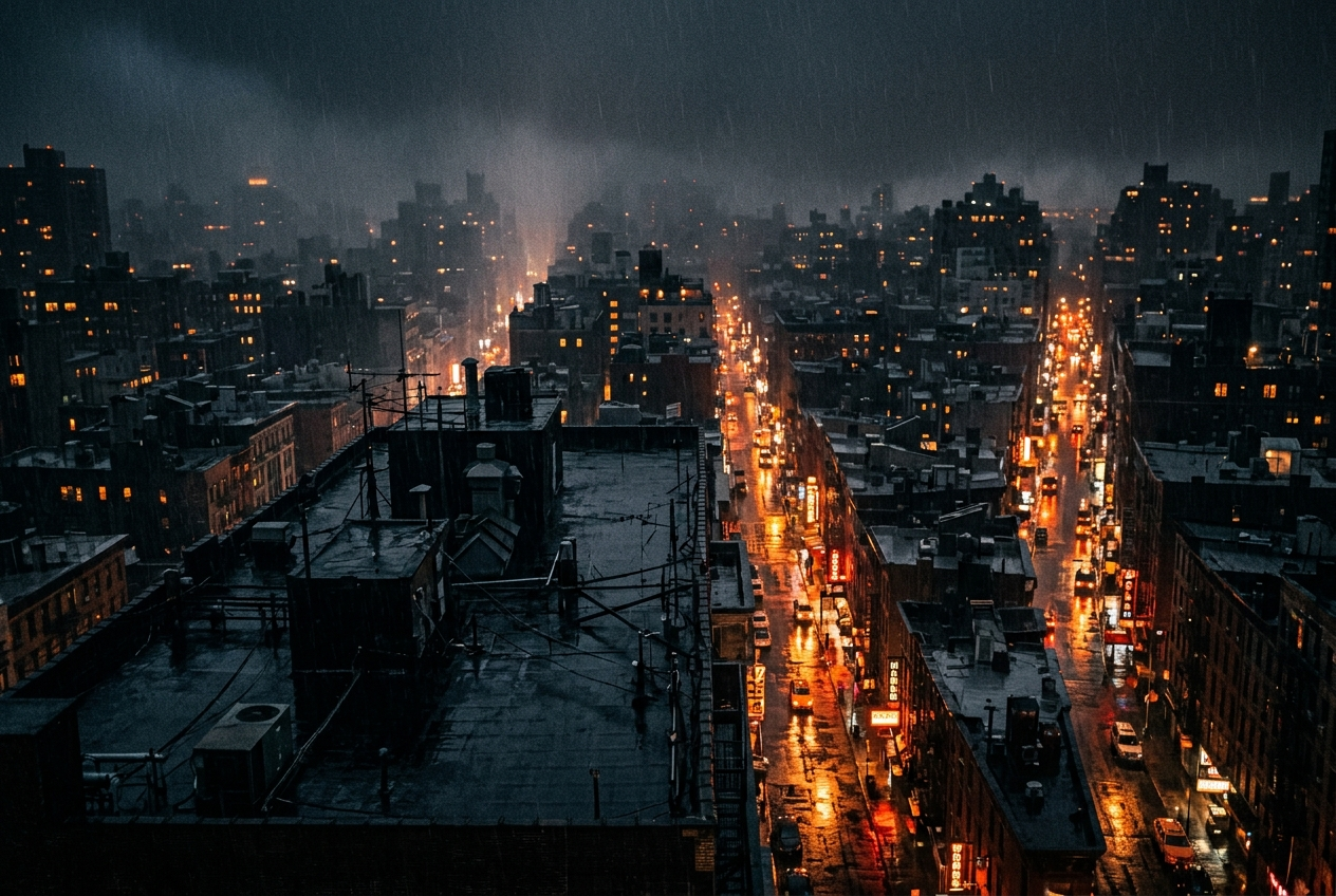 High altitude view over Halcyon's wet rooftops glowing with orange neon