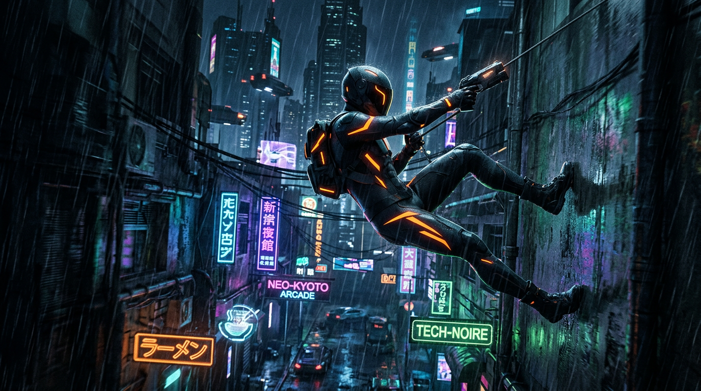 A courier in a dark suit with an orange line motif swinging through a rain-lit alley in Halcyon