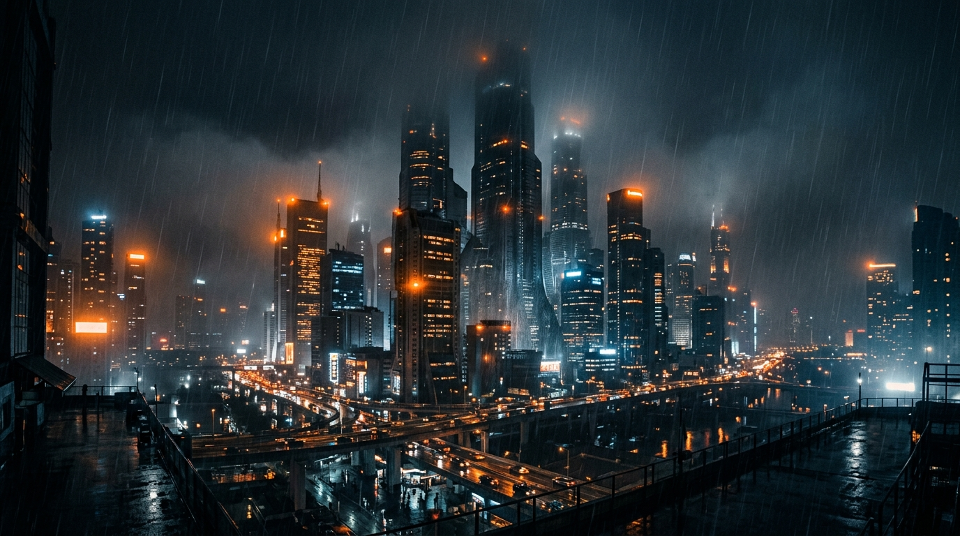 Wide night view of Halcyon's rain-soaked skyline with glowing orange signal lights
