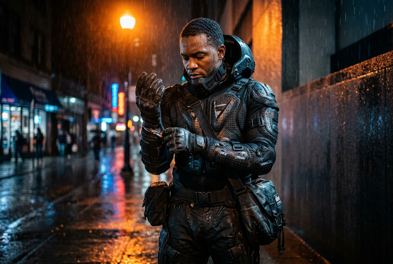 Courier hero adjusting tactical gear under streetlights in the rain