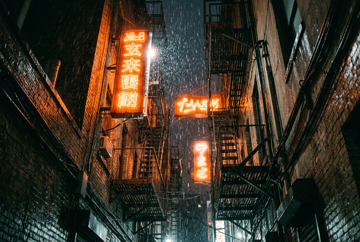 Halcyon city alley looking upward at rain and orange neon signs