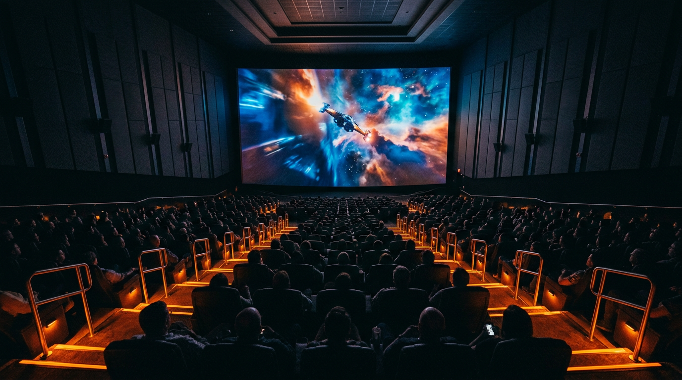 Dark IMAX auditorium with orange aisle lighting