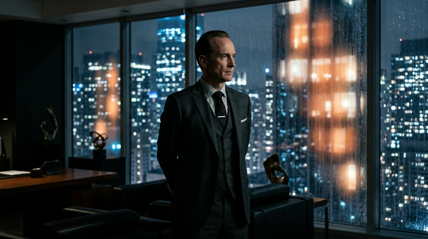 Director Soren Vane looking out over rain-drenched Halcyon skyline